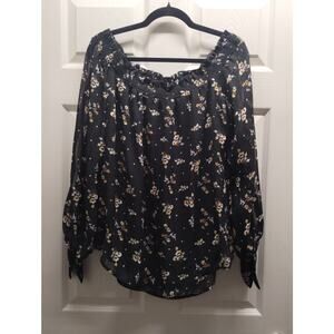 WAYF Size Large Black Yellow Floral On or Off Shoulder Long Tie Sleeves Top